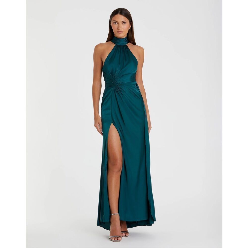 Mac Duggal NWT Open Back High Neck Side Ruched Gown in Ocean Size 6